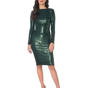 Emery Sequin Long Sleeve with Boat Neck Midi Sheath Dress the Population